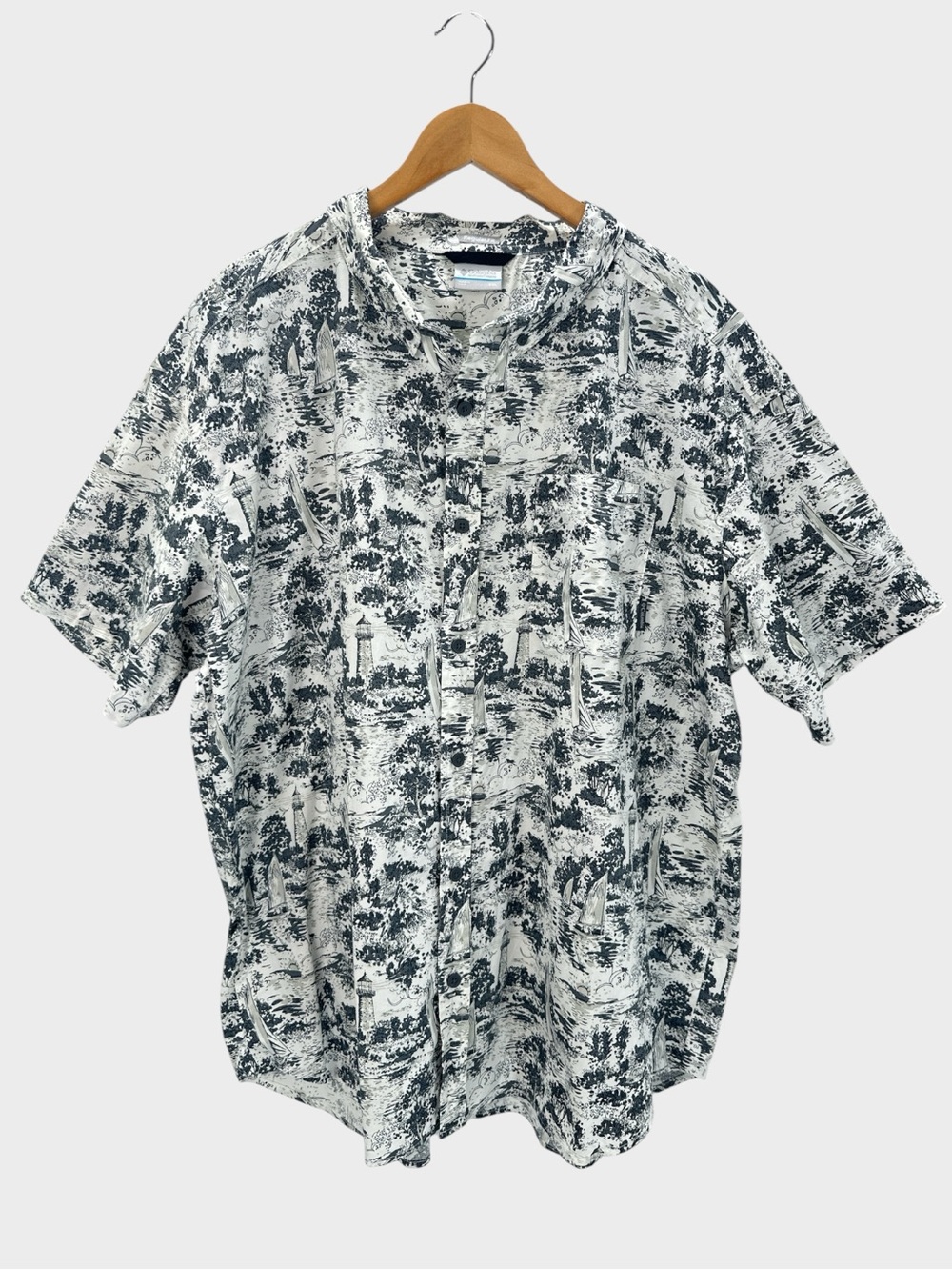 Columbia Lighthouse Sailboat Print‎ Button Down Shirt Coastal Nautical XXL